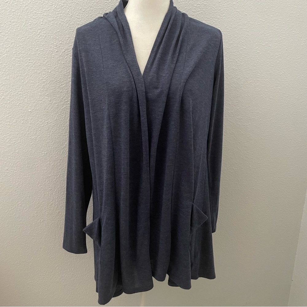 LOGO Lori Goldstein navy blue heathered open front cardigan with ruffle size med